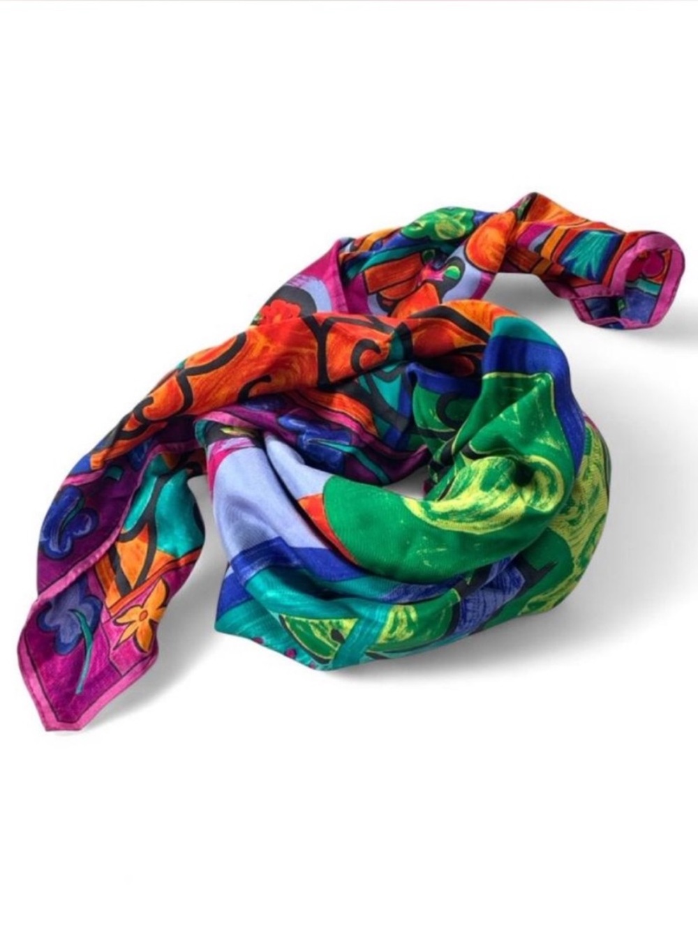 Adrienne Vittadini Silk Abstract Scenic Scarf 80s 90s Whimsical Vibrant 34x34